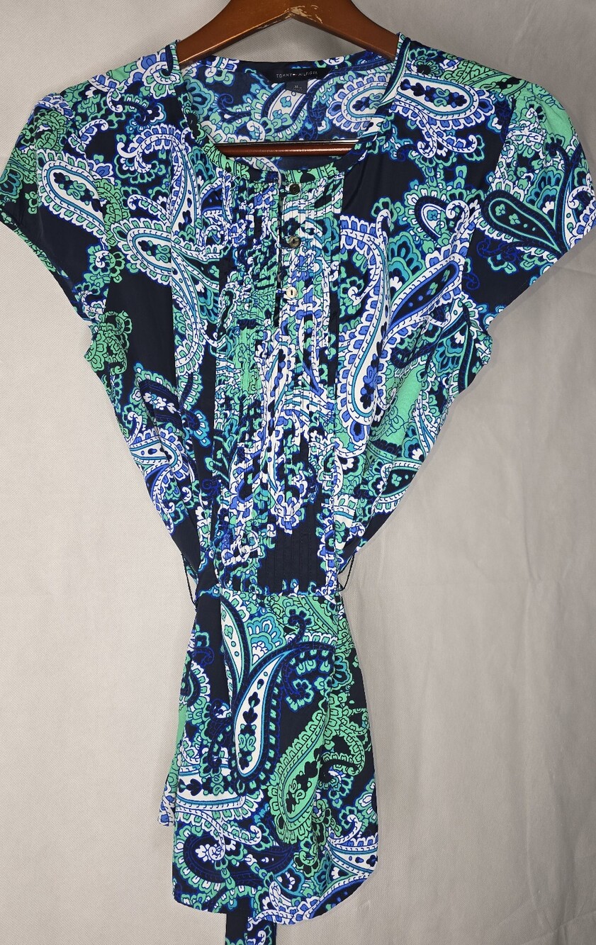Tommy Hilfiger Paisley Top Blue Green Short Sleeve Tie Back Pleated Blouse M